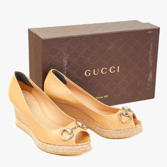 Gucci Silver Bit Peep-Toe Nude Patent Leather Wedge Espadrille - Picture 11 of 11